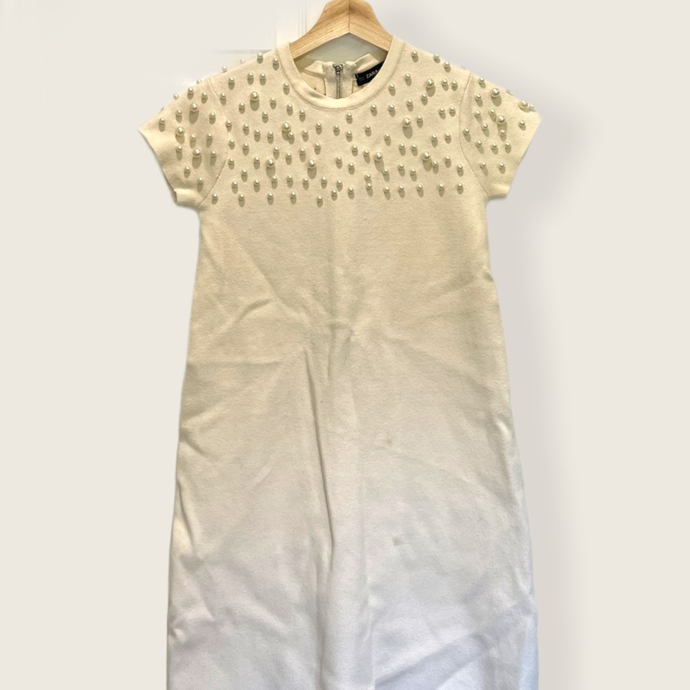 ZARA knit pearl detail dress, cream